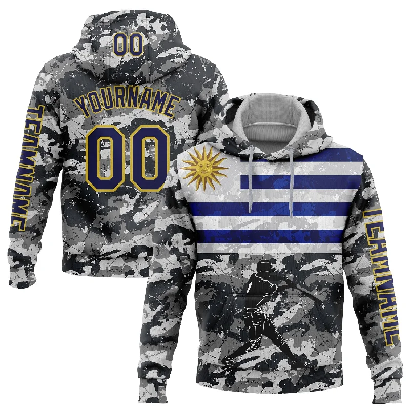 Soft Hoodie with Adjustable Drawstrings for Fit-Custom Stitched Camo Navy-Yellow 3D Uruguay Uruguayan Flag Sports Pullover Sweatshirt Salute To Service Hoodie