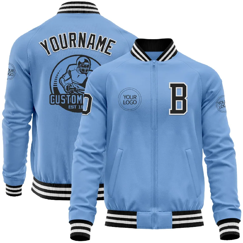 Premium Denim Jacket for Timeless Fashion-Custom Light Blue Black-White Bomber Varsity Letterman Zipper Jacket