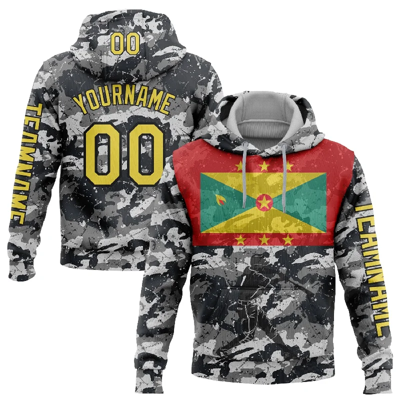 Cozy Hoodie with Ribbed Cuffs for Fit-Custom Stitched Camo Yellow-Black 3D Grenada Grenadian Flag Sports Pullover Sweatshirt Salute To Service Hoodie