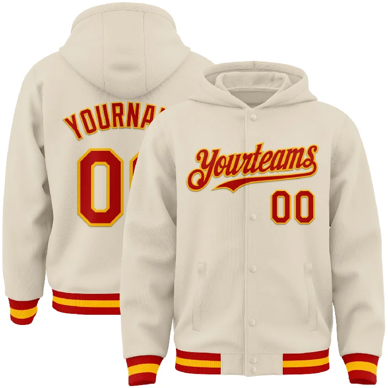 Soft Hooded Sweatshirt for Comfort and Style-Custom Cream Red-Gold Bomber Full-Snap Varsity Letterman Hoodie Jacket