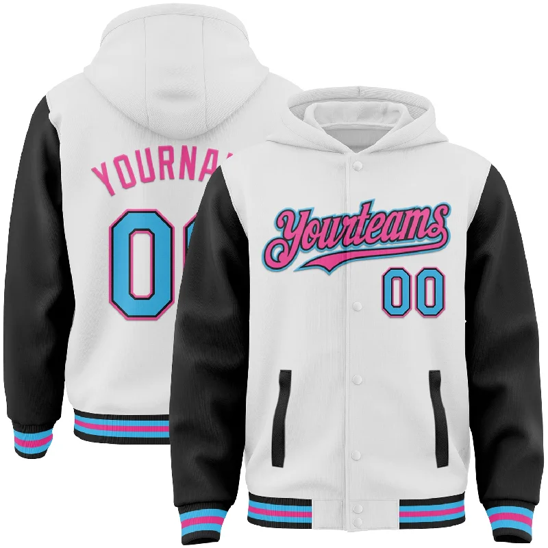 Comfortable Hoodie for Casual Hangouts-Custom White Sky Blue Black-Pink Bomber Full-Snap Varsity Letterman Two Tone Hoodie Jacket