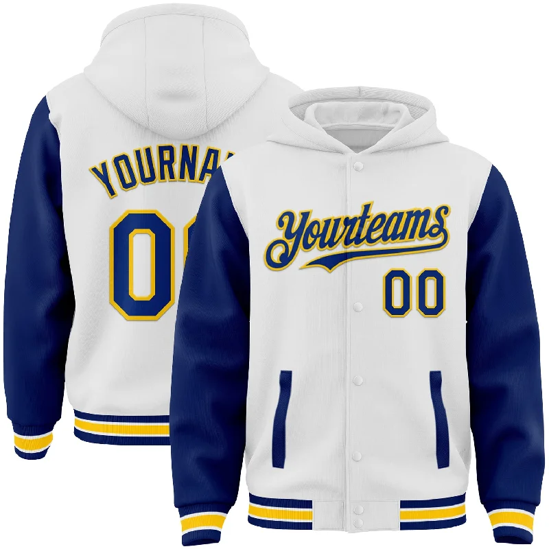 Soft Hoodie for Cozy Nights-Custom White Royal-Yellow Bomber Full-Snap Varsity Letterman Two Tone Hoodie Jacket