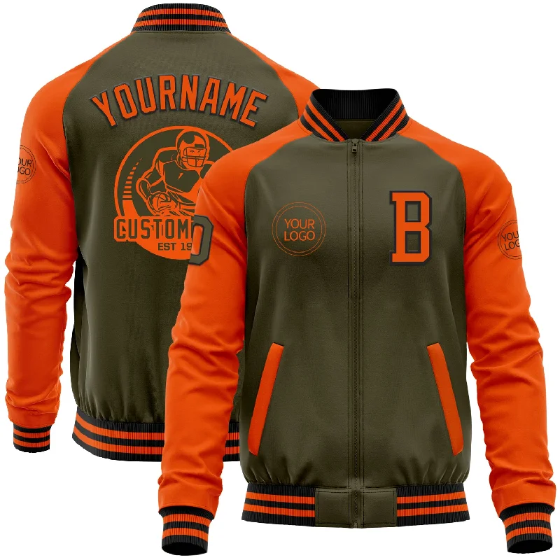 Vintage-Inspired Varsity Jacket for Nostalgic Fashion-Custom Olive Black-Orange Bomber Varsity Letterman Two Tone Salute To Service Zipper Jacket