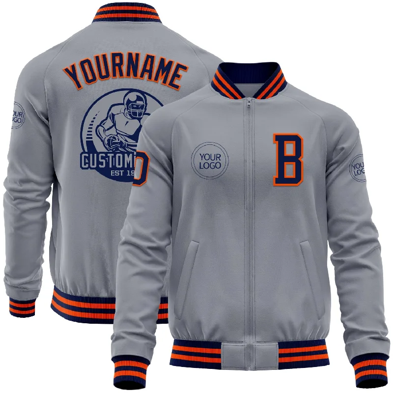 Sporty Zip-Up Athletic Jacket for Training-Custom Gray Navy-Orange Bomber Varsity Letterman Zipper Jacket