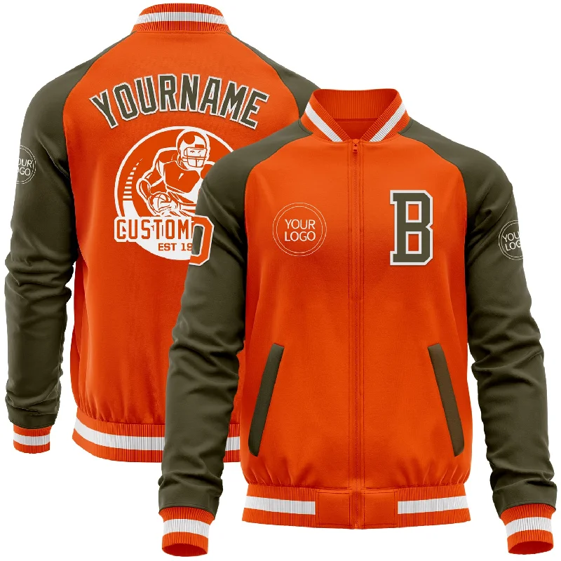 Warm Ski Jacket for Mountain Adventures-Custom Orange White-Olive Bomber Varsity Letterman Two Tone Zipper Jacket