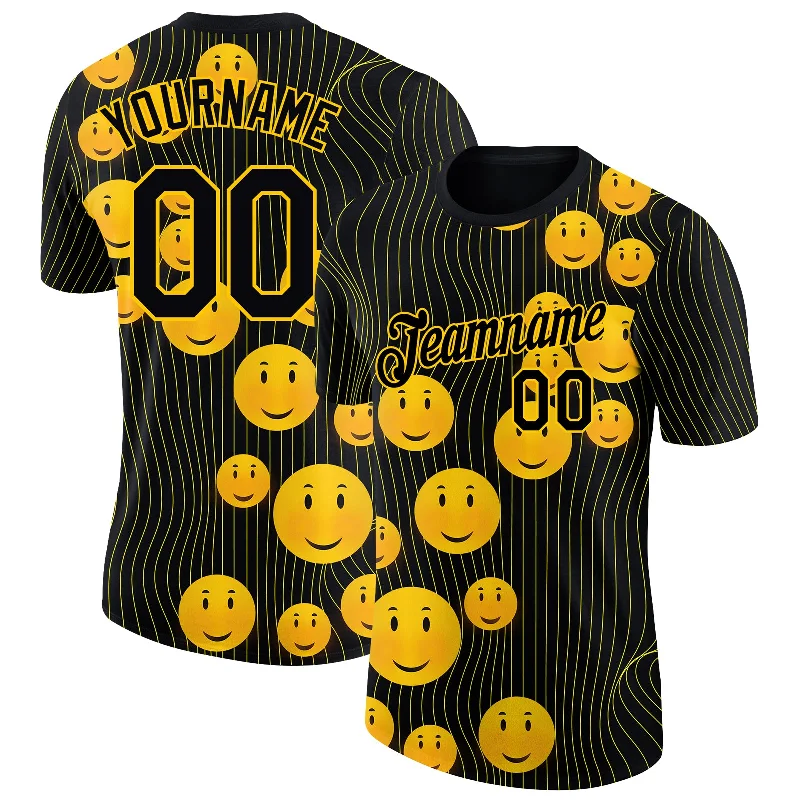 Artistic Print T-Shirt for Creative Expression-Custom Black Gold 3D Pattern Design Smile Emoji Performance T-Shirt