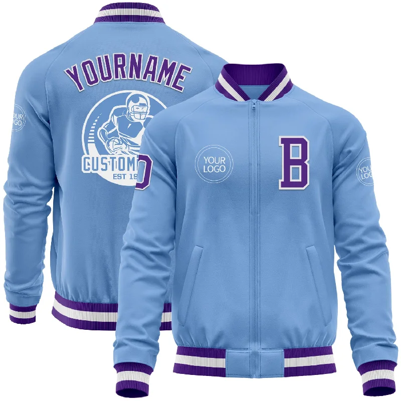 Classic Wool-Blend Jacket for Cold Weather-Custom Light Blue Purple-White Bomber Varsity Letterman Zipper Jacket