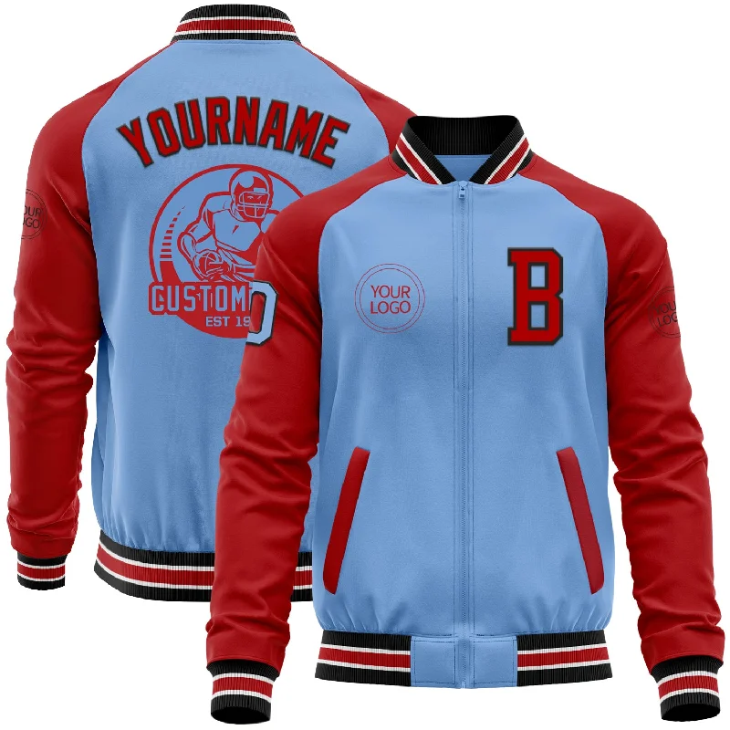 Wind-Resistant Jacket for Active Lifestyles-Custom Light Blue Black-Red Bomber Varsity Letterman Two Tone Zipper Jacket