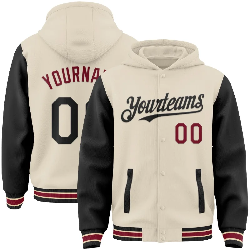 Soft Hoodie for Cozy Nights-Custom Cream Black Crimson-City Cream Bomber Full-Snap Varsity Letterman Two Tone Hoodie Jacket