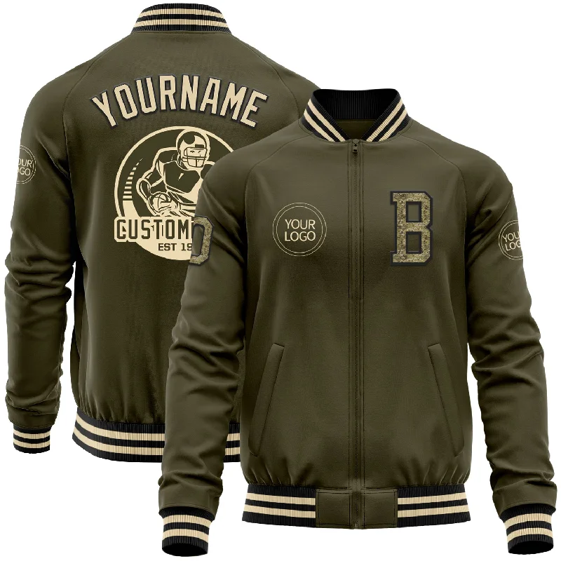 Warm Fleece-Lined Jacket for Winter Comfort-Custom Olive Camo Black-Cream Bomber Varsity Letterman Salute To Service Zipper Jacket