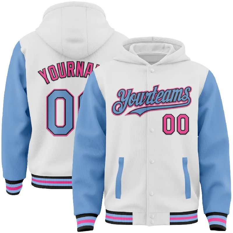 Comfy Hoodie with Fleece Lining for Warmth-Custom White Light Blue Black-Pink Bomber Full-Snap Varsity Letterman Two Tone Hoodie Jacket