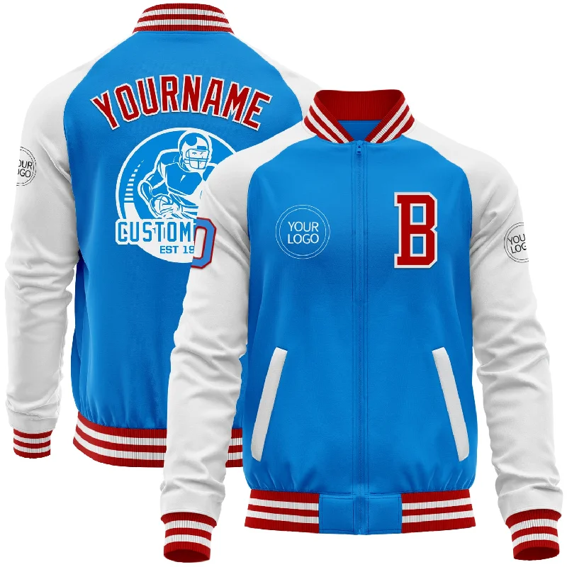 Classic Zip Jacket for Easy Everyday Wear-Custom Powder Blue Red-White Bomber Varsity Letterman Two Tone Zipper Jacket