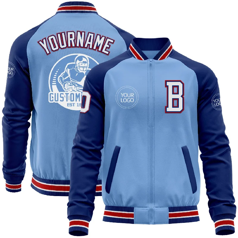 Comfortable Sports Jacket for Gym Wear-Custom Light Blue Red-Royal Bomber Varsity Letterman Two Tone Zipper Jacket