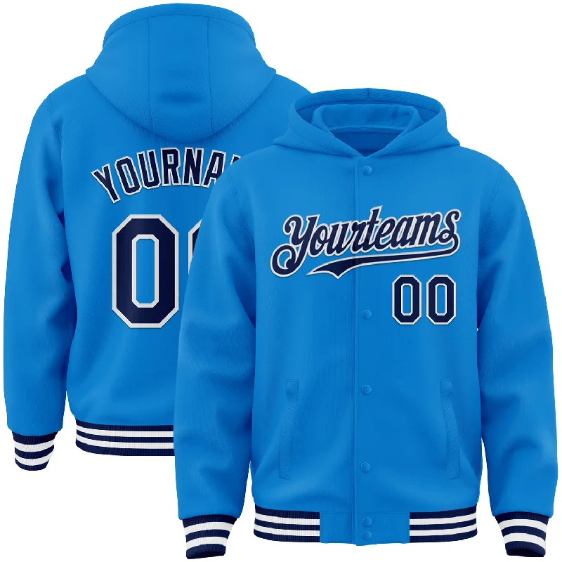 Warm Hoodie for Cold Nights-Custom Powder Blue Navy-White Bomber Full-Snap Varsity Letterman Hoodie Jacket