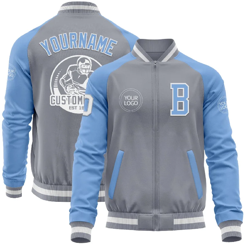 Cool Moto Jacket for Edgy Style-Custom Gray White-Light Blue Bomber Varsity Letterman Two Tone Zipper Jacket