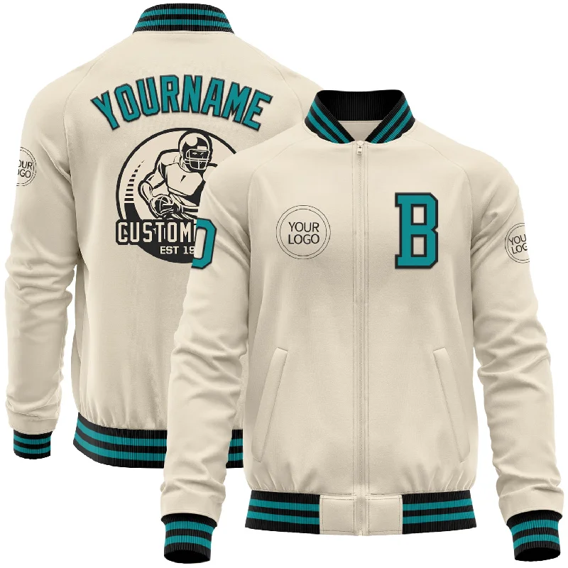 Comfortable Softshell Jacket for Hiking-Custom Cream Teal-Black Bomber Varsity Letterman Zipper Jacket