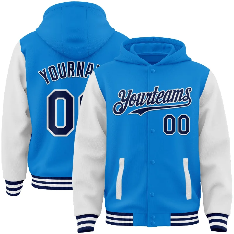 Fashionable Hoodie for Sporty and Casual Look-Custom Powder Blue Navy-White Bomber Full-Snap Varsity Letterman Two Tone Hoodie Jacket