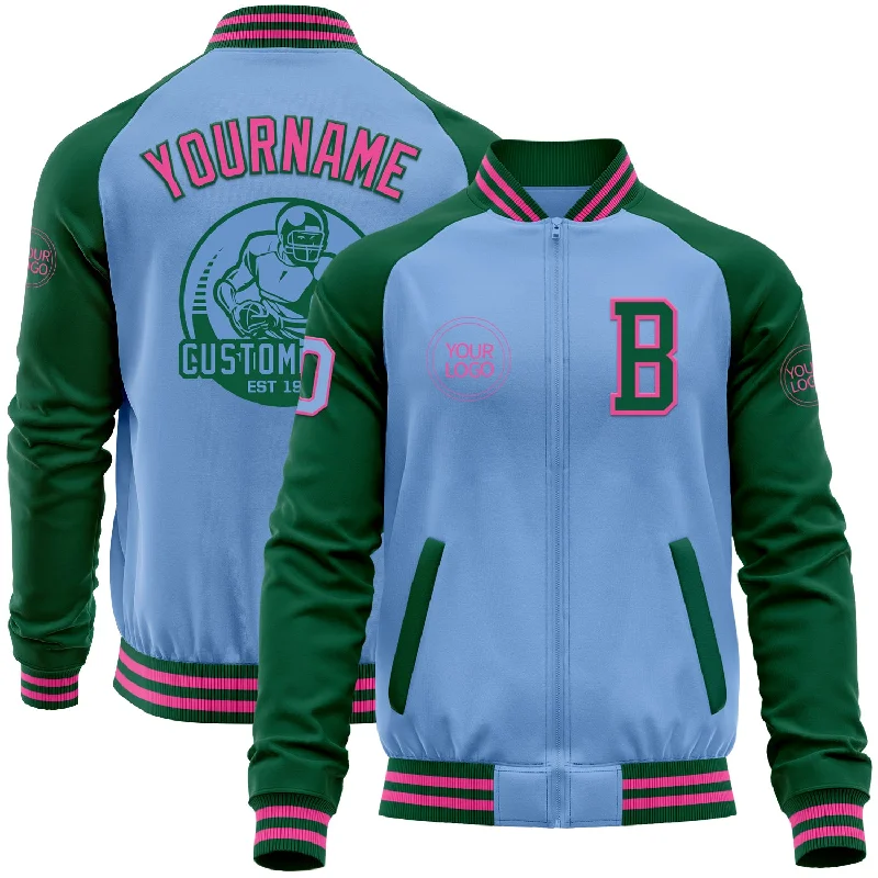 Premium Ski Jacket for Winter Sports-Custom Light Blue Pink-Kelly Green Bomber Varsity Letterman Two Tone Zipper Jacket