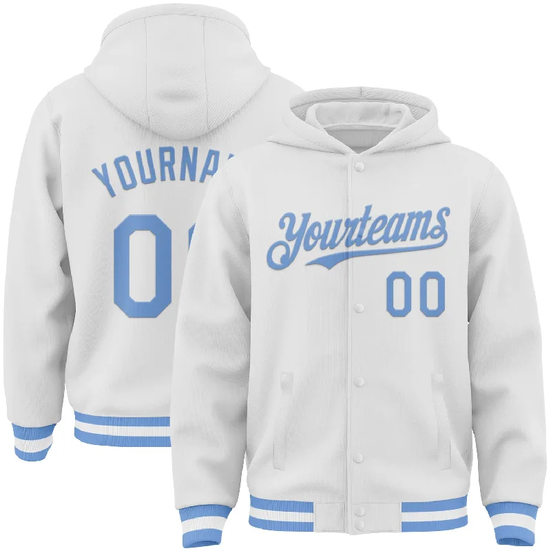 Graphic Hoodie for Unique Designs-Custom White Light Blue Bomber Full-Snap Varsity Letterman Hoodie Jacket