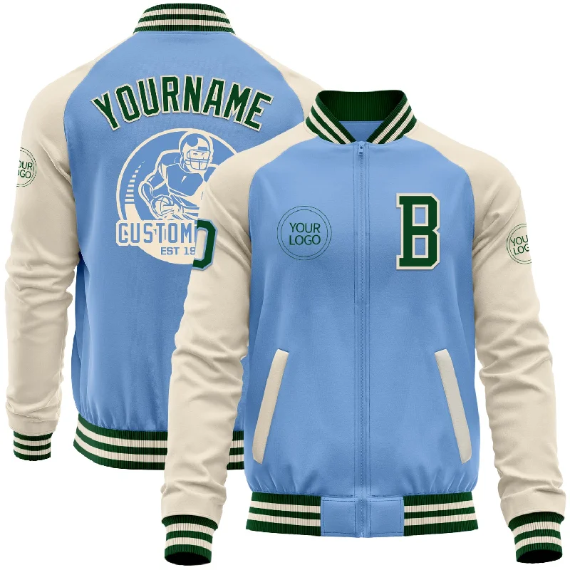 Light Down Jacket for Winter Sports Activities-Custom Light Blue Green-Cream Bomber Varsity Letterman Two Tone Zipper Jacket