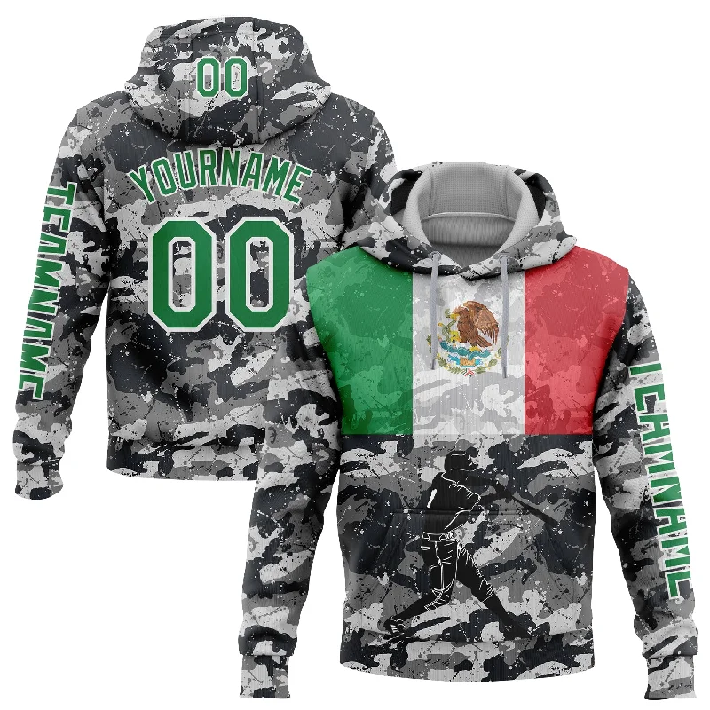 Stylish Hoodie for Urban Fashion-Custom Stitched Camo Kelly Green-White 3D Mexico Mexican Flag Sports Pullover Sweatshirt Salute To Service Hoodie