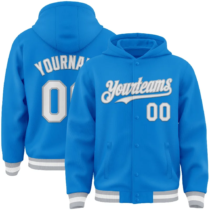 Sporty Hoodie for Gym and Workout-Custom Powder Blue White-Gray Bomber Full-Snap Varsity Letterman Hoodie Jacket