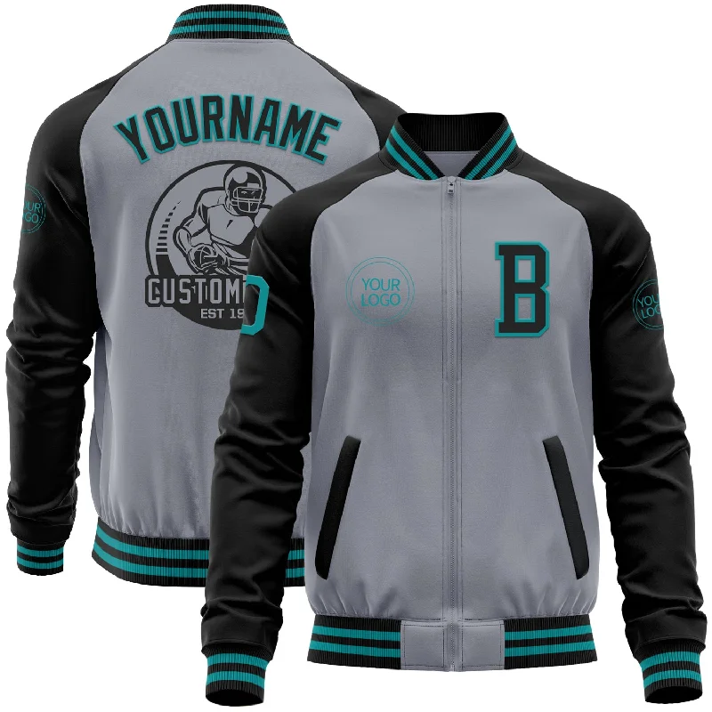 Casual Canvas Jacket for Everyday Wear-Custom Gray Teal-Black Bomber Varsity Letterman Two Tone Zipper Jacket