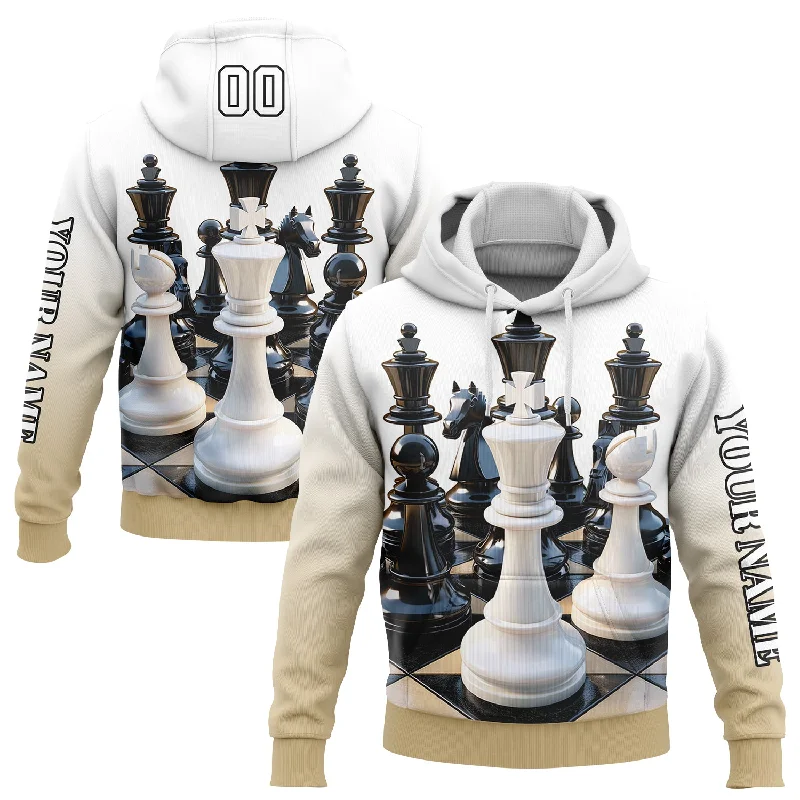 Casual Hoodie for Everyday Wear-Custom Stitched White Vegas Gold-Black 3D Chess International Chess Day Sports Pullover Sweatshirt Hoodie