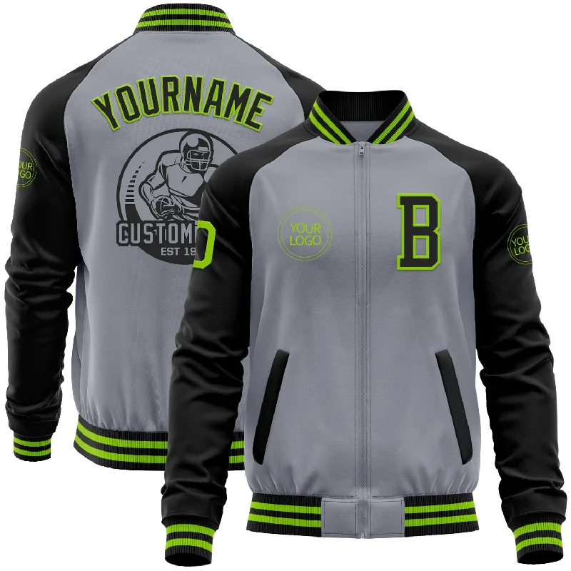 Sporty Track Jacket for Athleisure Style-Custom Gray Neon Green-Black Bomber Varsity Letterman Two Tone Zipper Jacket