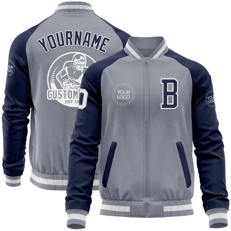 Warm Winter Jacket for Cold Weather-Custom Gray White-Navy Varsity Letterman Two Tone Zipper Jacket