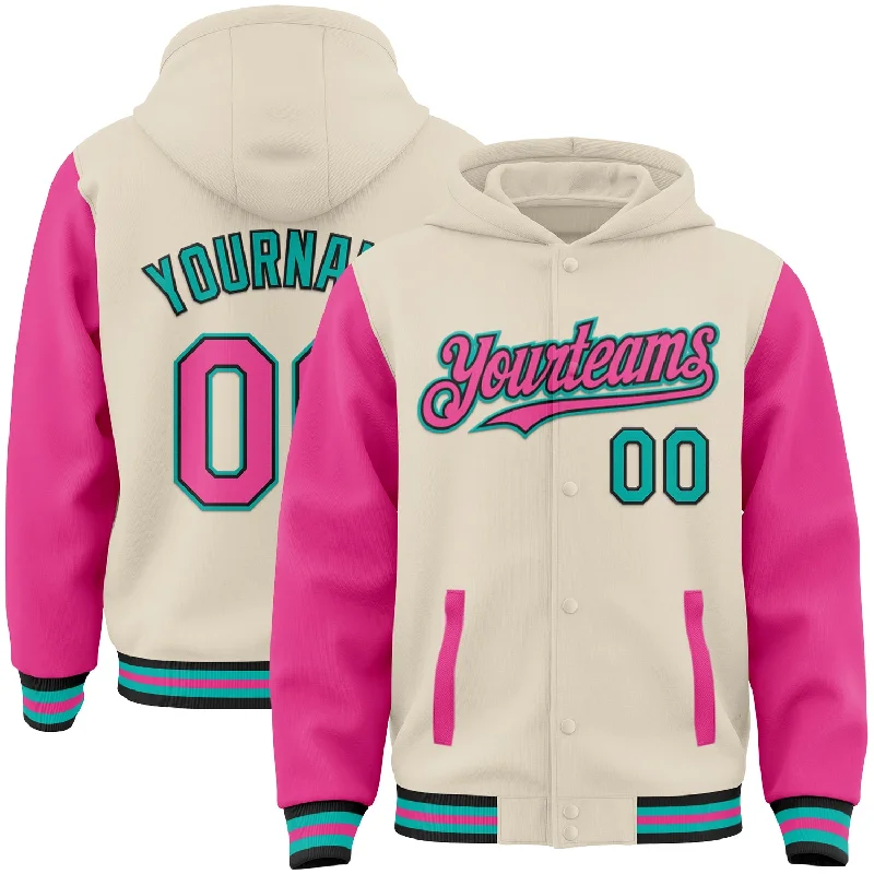 Athletic Hoodie for Training and Running-Custom Cream Pink Black-Aqua Bomber Full-Snap Varsity Letterman Two Tone Hoodie Jacket