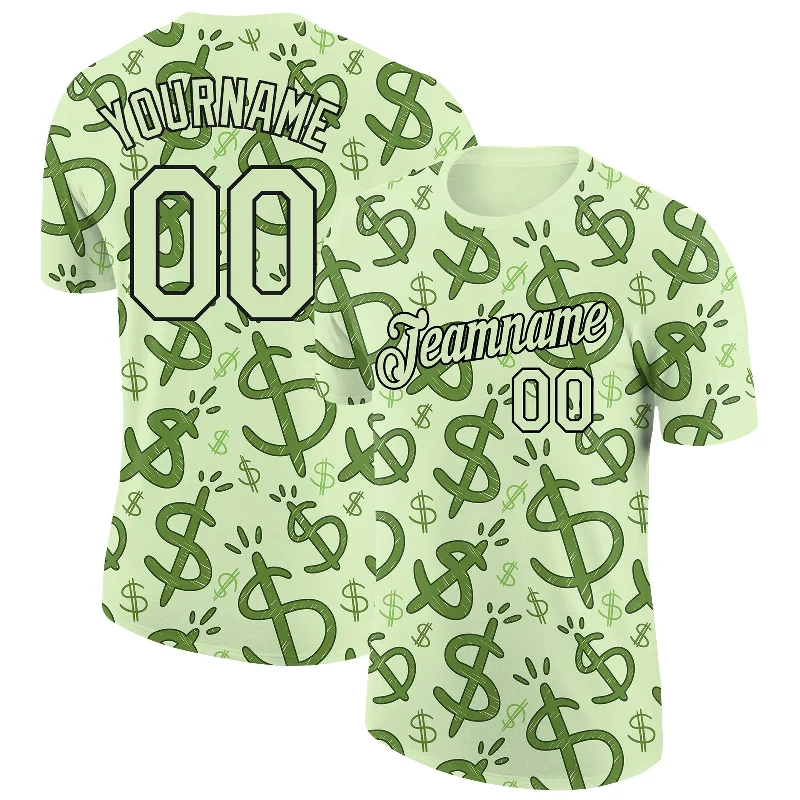 Comfortable Loose-Fit T-Shirt for Relaxing-Custom Pea Green Black 3D Pattern Design Dollar Sign Money Theme Performance T-Shirt