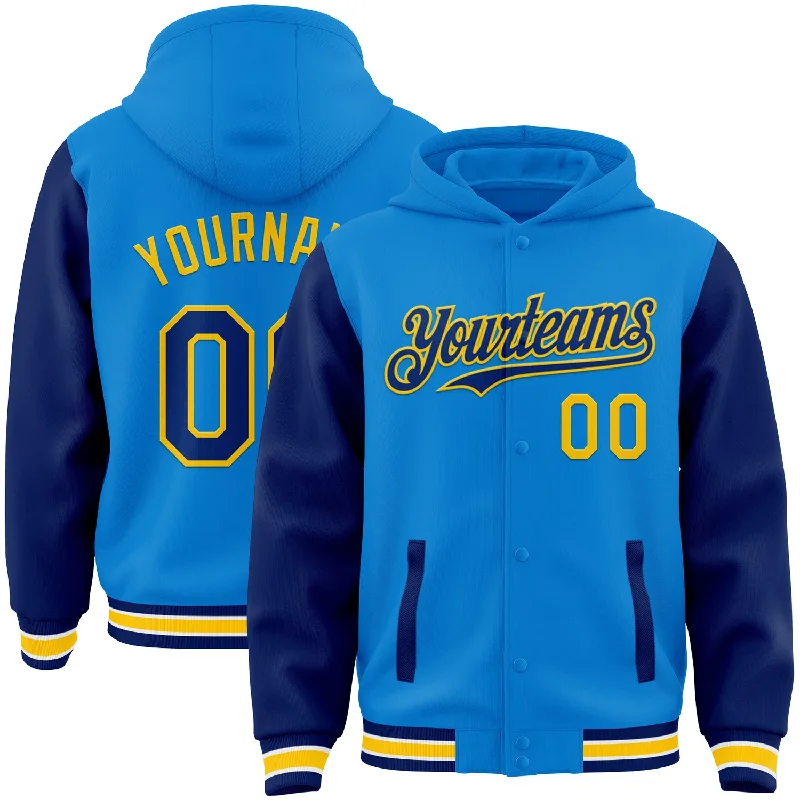 Hoodie with Printed Logo for Sports Fans-Custom Powder Blue Royal-Yellow Bomber Full-Snap Varsity Letterman Two Tone Hoodie Jacket