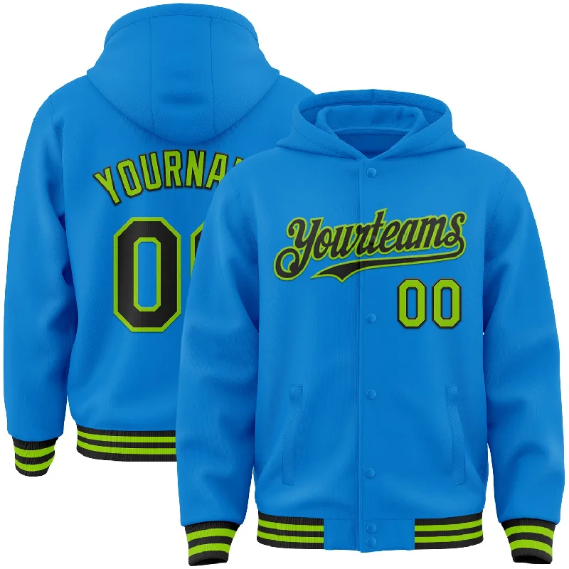 Classic Pullover Hoodie for Simple Comfort-Custom Powder Blue Black-Neon Green Bomber Full-Snap Varsity Letterman Hoodie Jacket