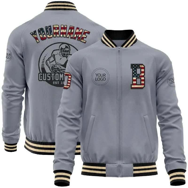 Vintage-Inspired Varsity Jacket for Nostalgic Fashion-Custom Gray Vintage USA Flag Black-Cream Bomber Varsity Letterman Zipper Jacket