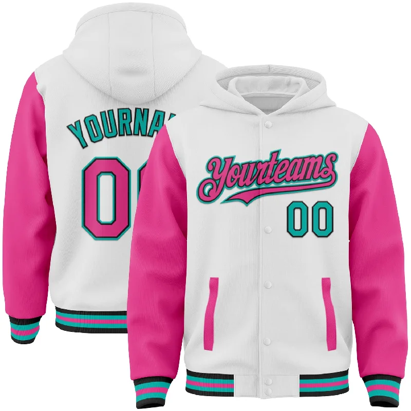 Trendy Graphic Hoodie for Fashion Forward-Custom White Pink Black-Aqua Bomber Full-Snap Varsity Letterman Two Tone Hoodie Jacket