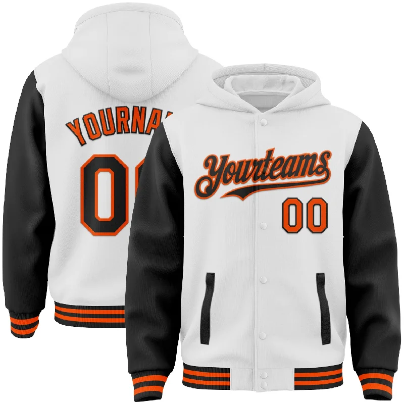 Fashionable Hoodie for Sporty and Casual Look-Custom White Black-Orange Bomber Full-Snap Varsity Letterman Two Tone Hoodie Jacket