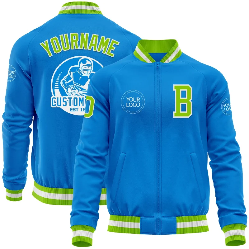 Warm Fleece-Lined Jacket for Winter Comfort-Custom Powder Blue Neon Green-White Bomber Varsity Letterman Zipper Jacket