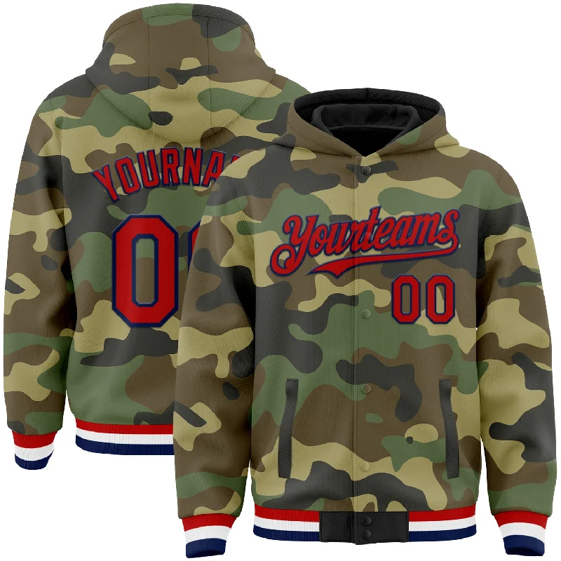 Trendy Graphic Hoodie for Fashion Forward-Custom Camo Red-Navy Bomber Full-Snap Varsity Letterman Salute To Service Hoodie Jacket