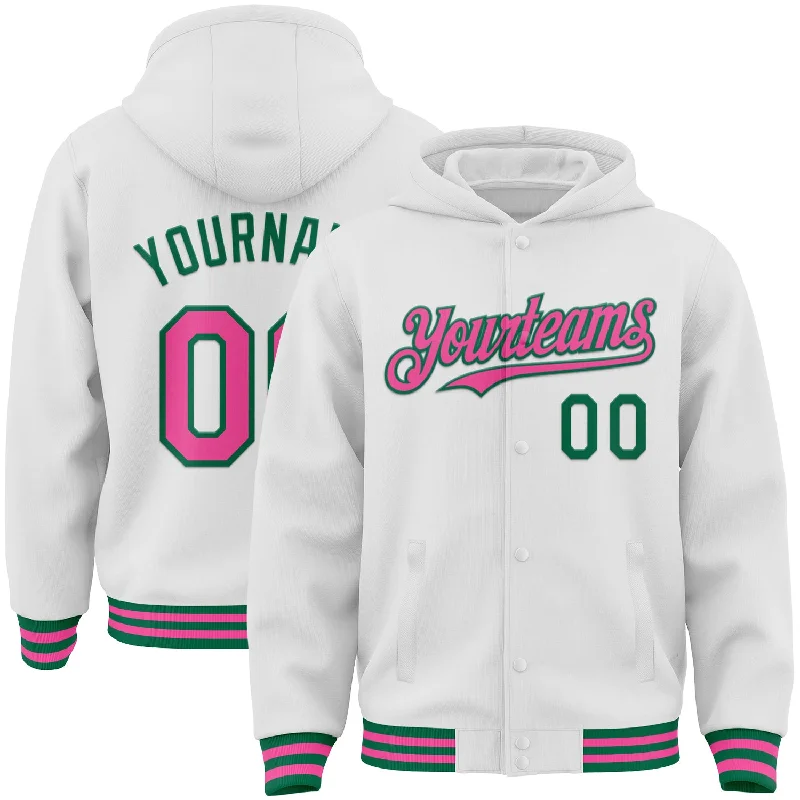 Custom Logo Hoodie for Team or Event Wear-Custom White Pink-Kelly Green Bomber Full-Snap Varsity Letterman Hoodie Jacket