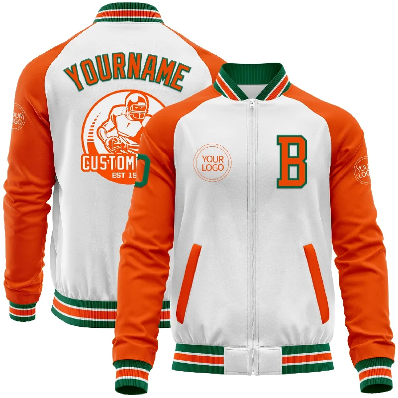 Trendy Cropped Bomber Jacket for Youthful Fashion-Custom White Kelly Green-Orange Bomber Varsity Letterman Two Tone Zipper Jacket