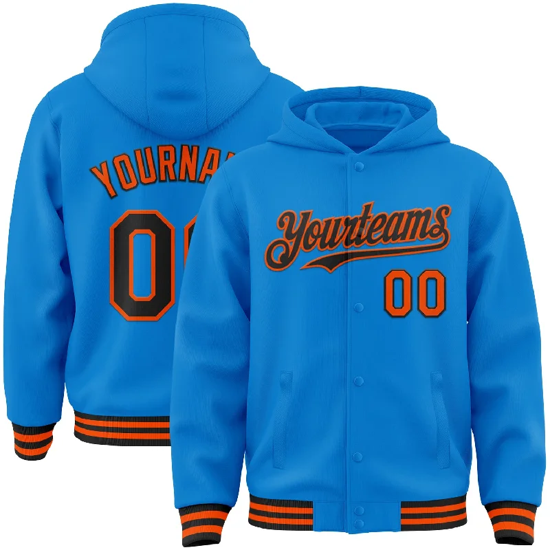 Fashionable Hoodie for Weekend Wear-Custom Powder Blue Black-Orange Bomber Full-Snap Varsity Letterman Hoodie Jacket