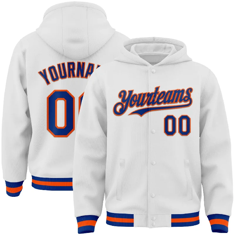 Cozy Hoodie with Ribbed Cuffs for Fit-Custom White Royal-Orange Bomber Full-Snap Varsity Letterman Hoodie Jacket