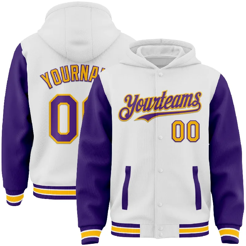 Cozy Hoodie with Ribbed Cuffs for Fit-Custom White Purple-Gold Bomber Full-Snap Varsity Letterman Two Tone Hoodie Jacket