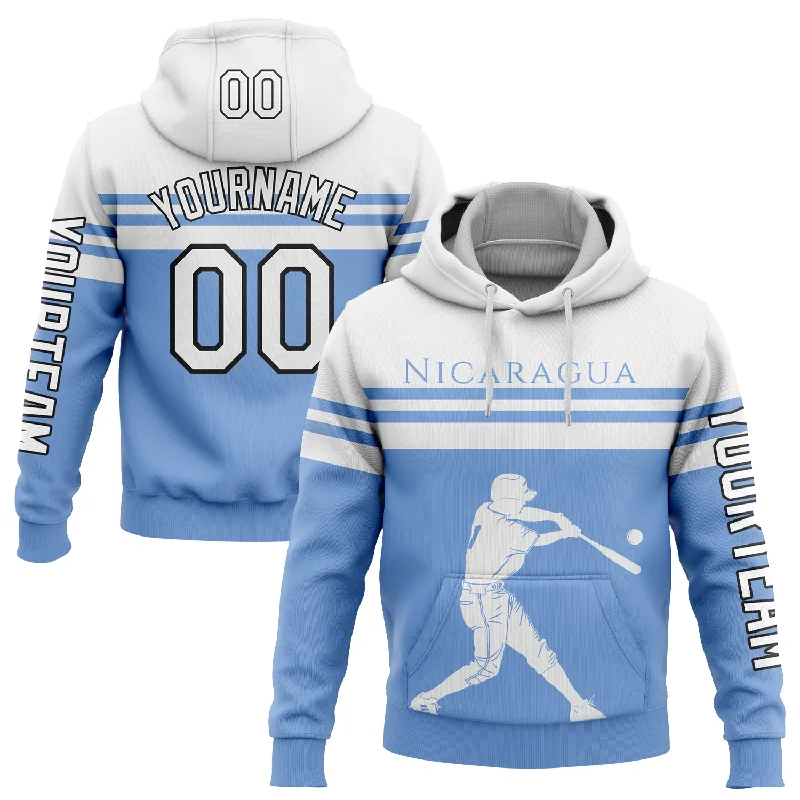 Hoodie with Graphic Design for Artistic Look-Custom Stitched Light Blue White-Black 3D Nicaragua Nicaraguan Flag Sports Pullover Sweatshirt Hoodie