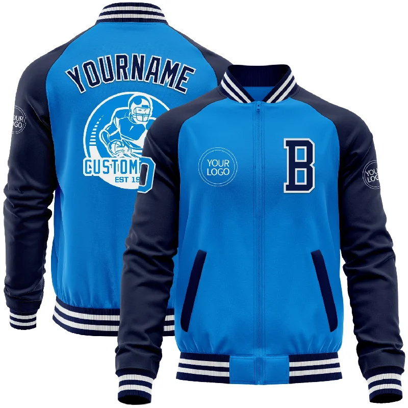 Waterproof Rain Jacket for Wet Weather-Custom Powder Blue White-Navy Bomber Varsity Letterman Two Tone Zipper Jacket