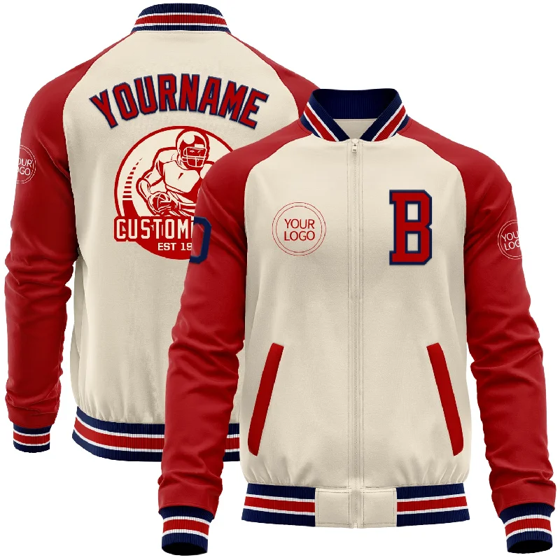 Custom Cream Navy Red-White Bomber Varsity Letterman Two Tone Zipper Jacket