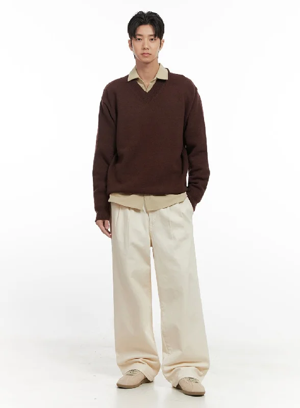 Fashionable Bootcut Trousers for Business Wear-Men's Pintuck Wide Leg Cotton Pants (Light beige) ID413