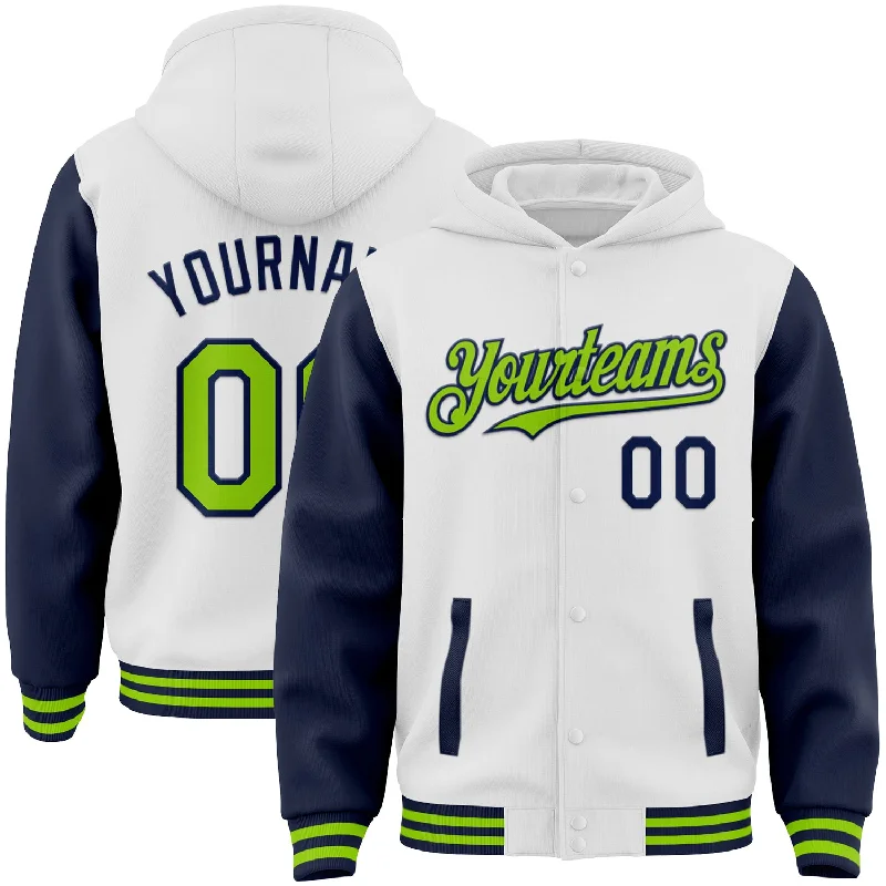 Trendy Hoodie with Contrast Sleeves for Unique Style-Custom White Neon Green-Navy Bomber Full-Snap Varsity Letterman Two Tone Hoodie Jacket