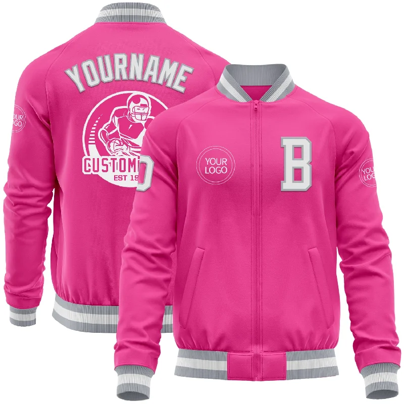 Trendy Utility Jacket with Multiple Pockets-Custom Pink White-Gray Bomber Varsity Letterman Zipper Jacket